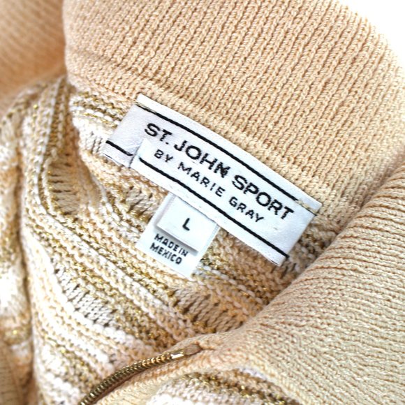 St. John Sport Wool Gold White Textured Stripe Cardigan Jacket L Zip-Up Sweater - Picture 7 of 8